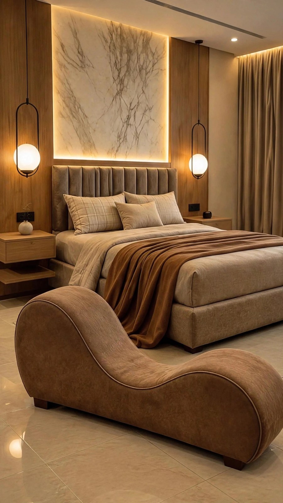 Brown Velvet Wave-Shaped Armless Chaise Lounge