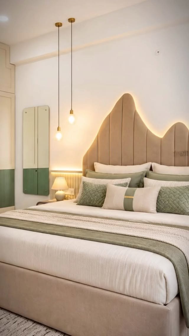 Bed with Wavy Mountain-Peak Headboard and Backlighting