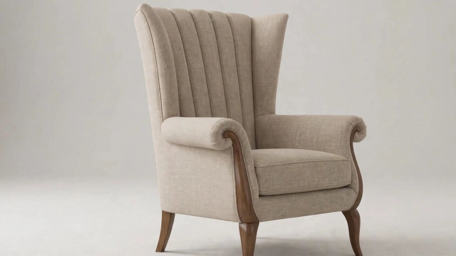 Beige Upholstered Wingback Armchair with Rolled Arms