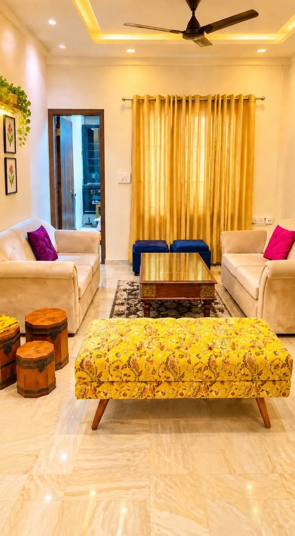 Yellow Floral Tufted Two-Seater Bench