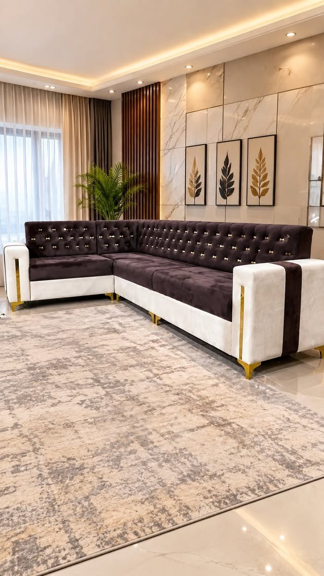 Dark Brown Velvet L-Shaped Sectional with Gold Buttons