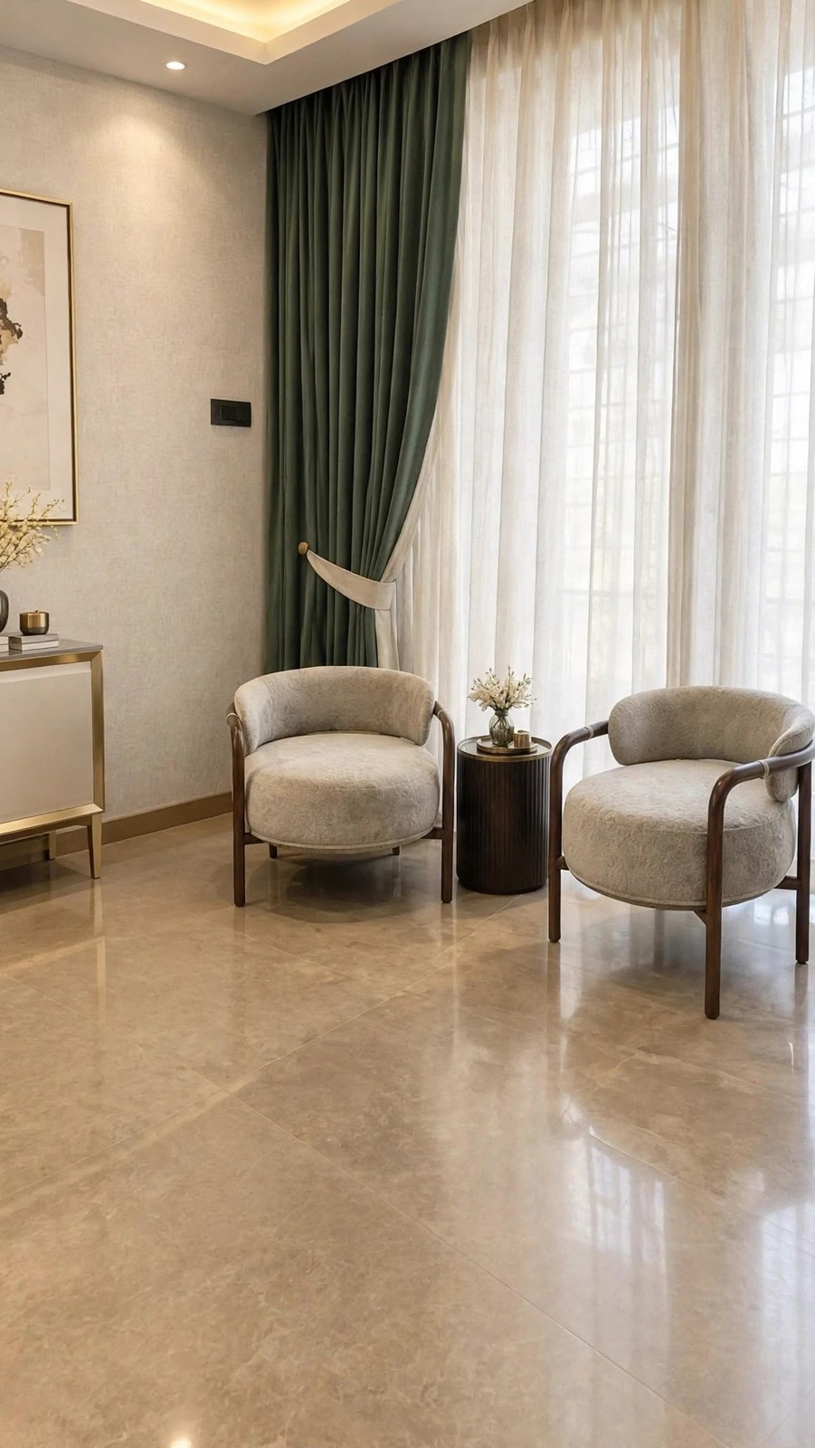 Round Armchair Pair with Dark Wooden Curved Frames
