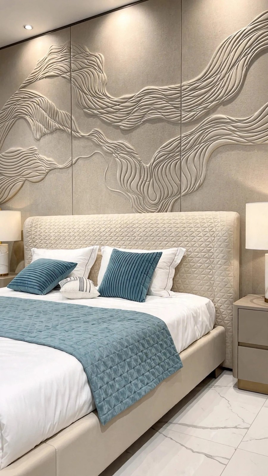 Beige Diamond-Quilted Upholstered Bed