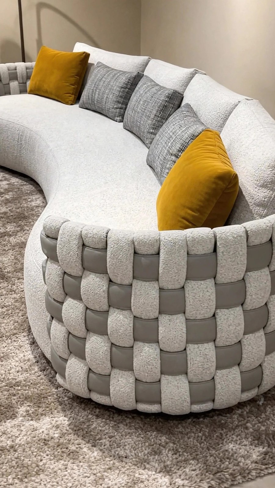 Light-Gray Boucle Curved Sectional with Basket-Weave Sides