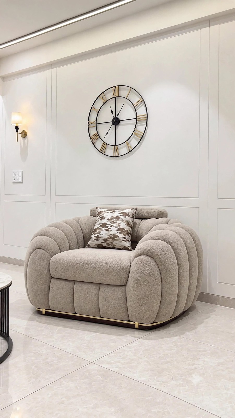 Beige Boucle Armchair with Segmented Arms and Gold Legs