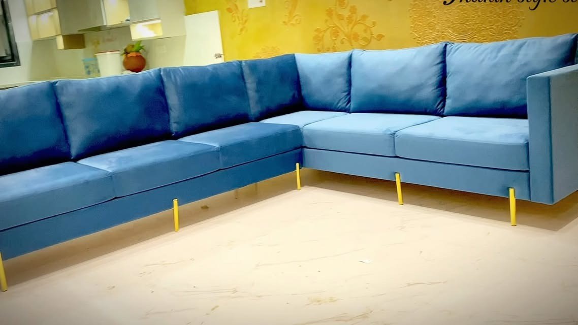 Bright Blue L-Shaped Corner Sofa with Gold Legs