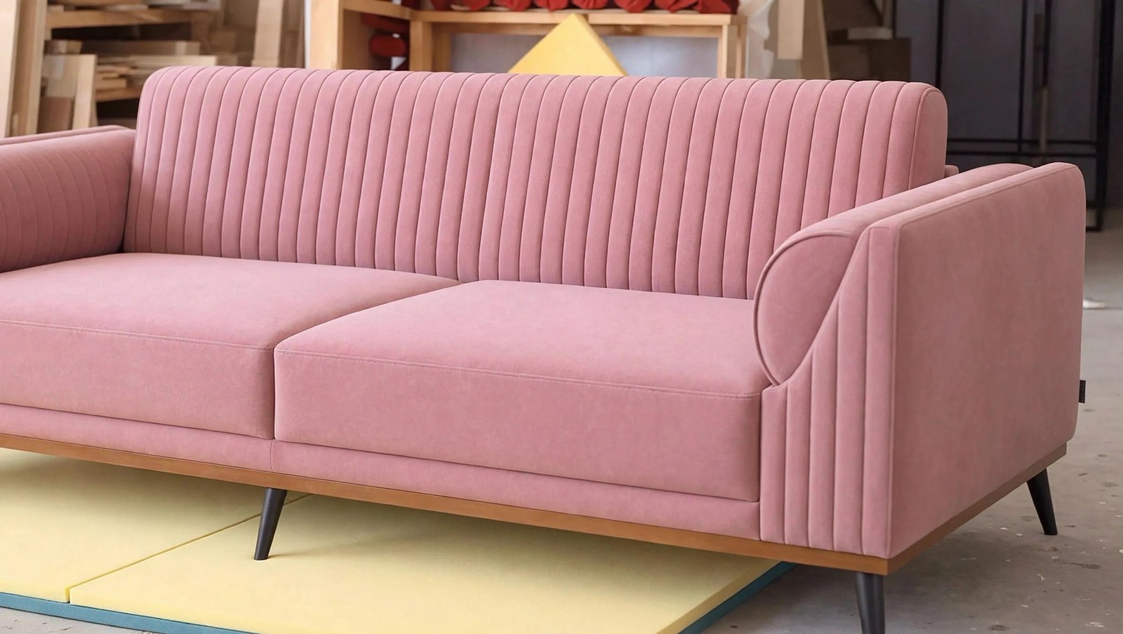 Dusty-Pink Channel-Tufted Three-Seater Sofa