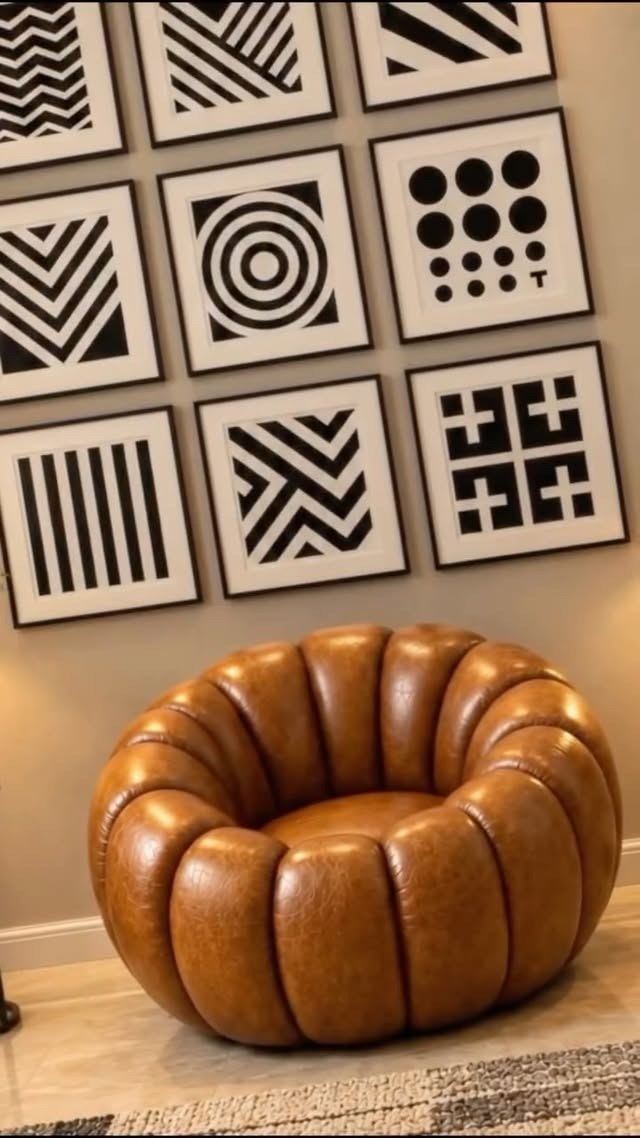 Brown Segmented Puffy Leather Lounge Chair