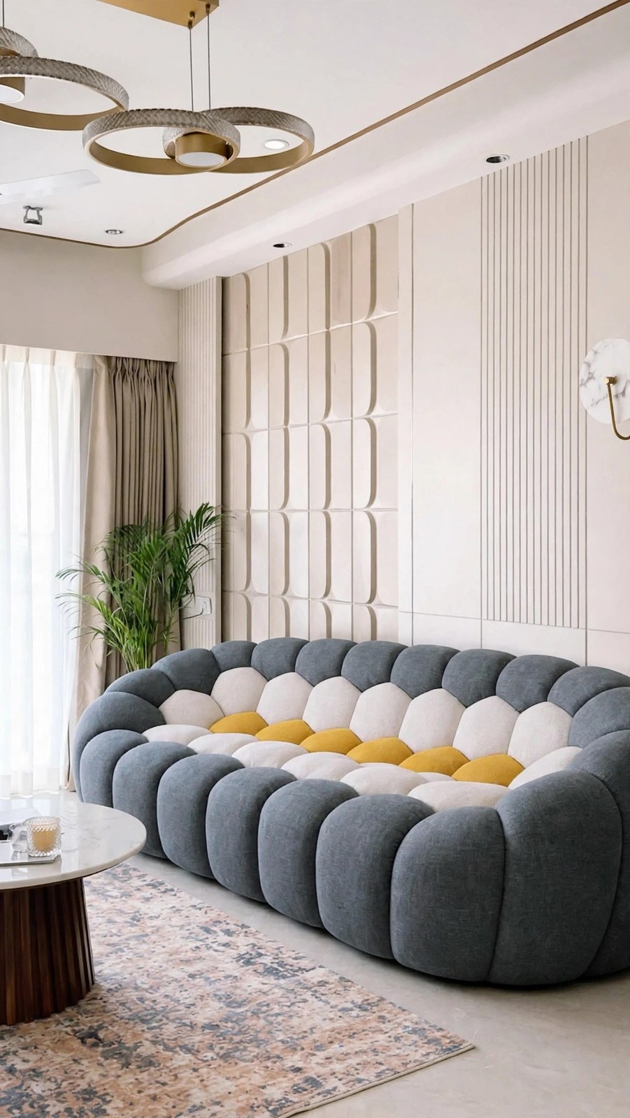 Gray-and-Mustard Curved Modular Bubble Sofa