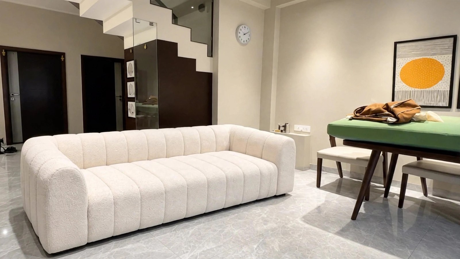 Off-White Cream Sofa with Vertical Channel Tufting